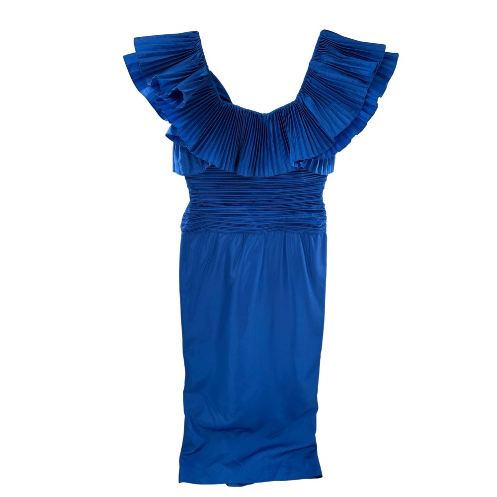 Vintage Morton Myles FOR THE WARREN Blue Ruffle Off Shoulder Midi Dress Size 12